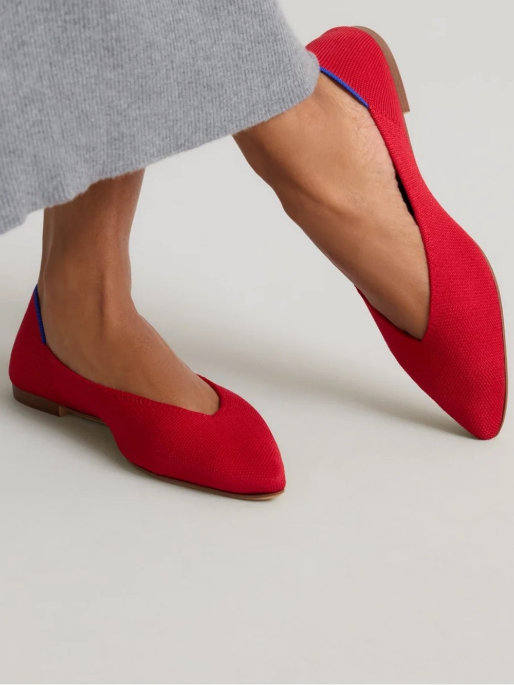 Rothy's Cherry The Point Red Pointed Knit Flats with Blue Trim